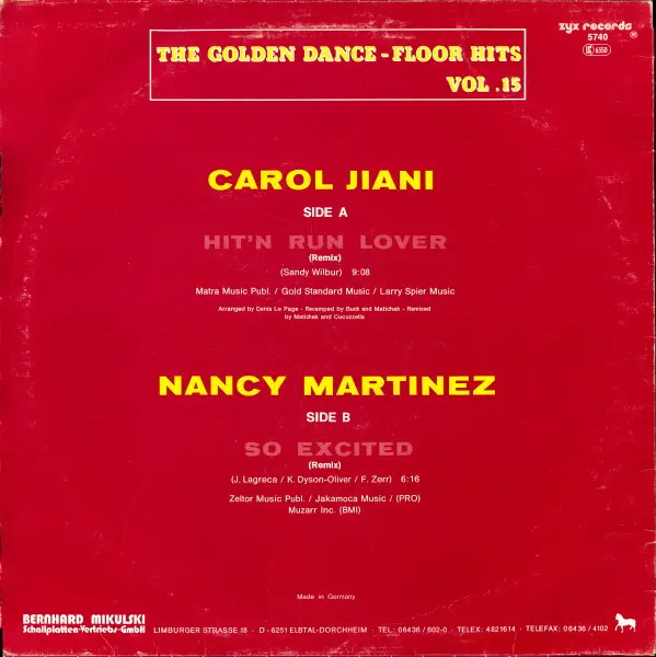 Carol Jiani / Nancy Martinez - The Golden Dance-Floor Hits Vol. 15, Electronic, Disco, 1987 - ZYX Records, Germany, Vinyl 1x 