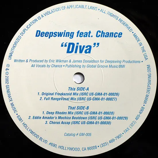 Deep Swing Feat. Chance - Diva - 2002 - Garage House - Generate Music - Vinyl 1x 12", 33 ⅓ RPM