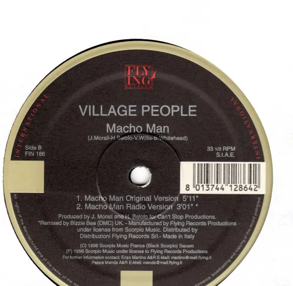 Village People - Macho Man, Funk / Soul, Disco, 1996 - Flying International, Italy, Vinyl 1x 12", 33 ⅓ RPM