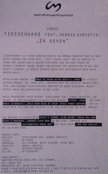 Tiefschwarz Feat. Ronnie Christie - 24 Seven, Electronic, Deep House, House, 1997 - Continuemusics, Germany, Vinyl 1x 12", 33