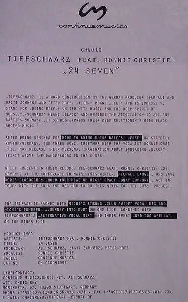 Tiefschwarz Feat. Ronnie Christie - 24 Seven, Electronic, Deep House, House, 1997 - Continuemusics, Germany, Vinyl 1x 12", 33