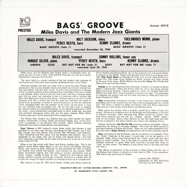Album cover for Bags Groove by Miles Davis