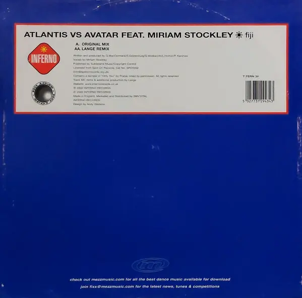 Atlantis Vs Avatar (5) Feat. Miriam Stockley - Fiji, Electronic, Trance, 2000 - Inferno, UK, Vinyl 1x 12", 33 ⅓ RPM