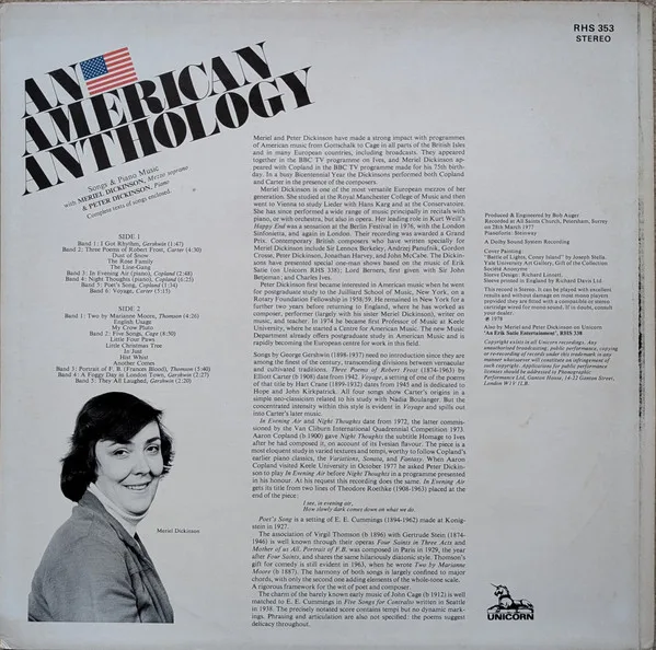 Album cover for An American Anthology by George Gershwin, Elliott Carter, Aaron Copland, Virgil Thomson, John Cage With Meriel Dickinson & Peter Dickinson