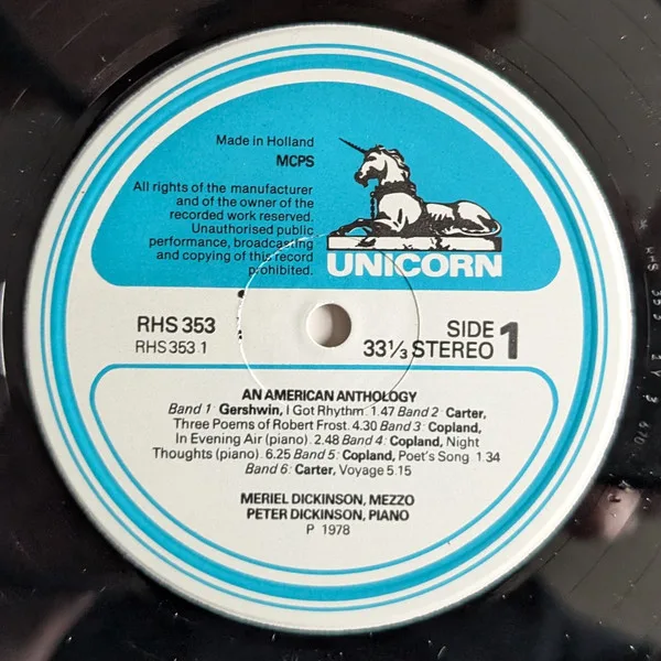 Album cover for An American Anthology by George Gershwin, Elliott Carter, Aaron Copland, Virgil Thomson, John Cage With Meriel Dickinson & Peter Dickinson