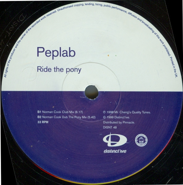 Peplab - Ride The Pony (Incl. Norman Cook Remixes), Electronic, Big Beat, House, 1999 - Distinct'ive Records, UK, Vinyl 1x 12