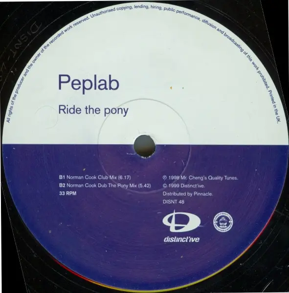 Peplab - Ride The Pony (Incl. Norman Cook Remixes), Electronic, Big Beat, House, 1999 - Distinct'ive Records, UK, Vinyl 1x 12