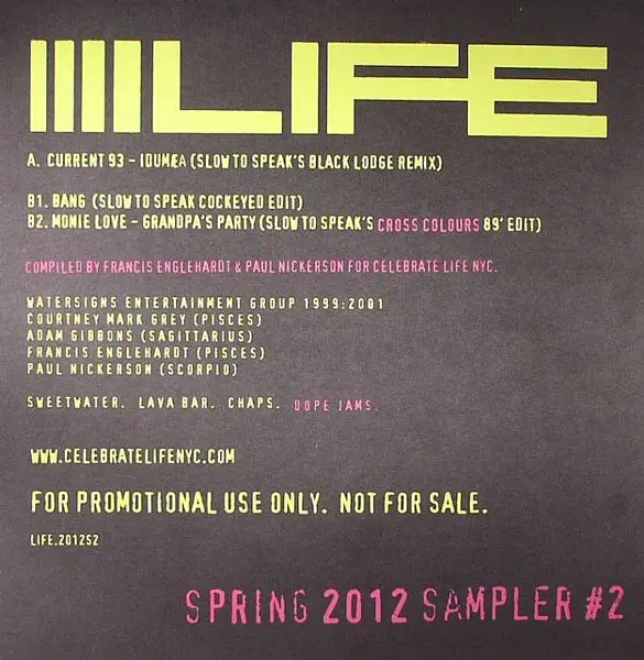 Current 93 / Jack Master / Monie Love - Spring 2012 Sampler #2, Electronic, House, 2012 - Celebrate Life, US, Vinyl 1x 12", 3