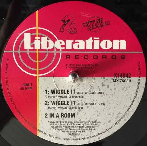 2 In A Room - Wiggle It, Electronic, Acid House, 1990 - Cutting Records, Liberation Records, Australia, Vinyl 1x 12", 45 RPM