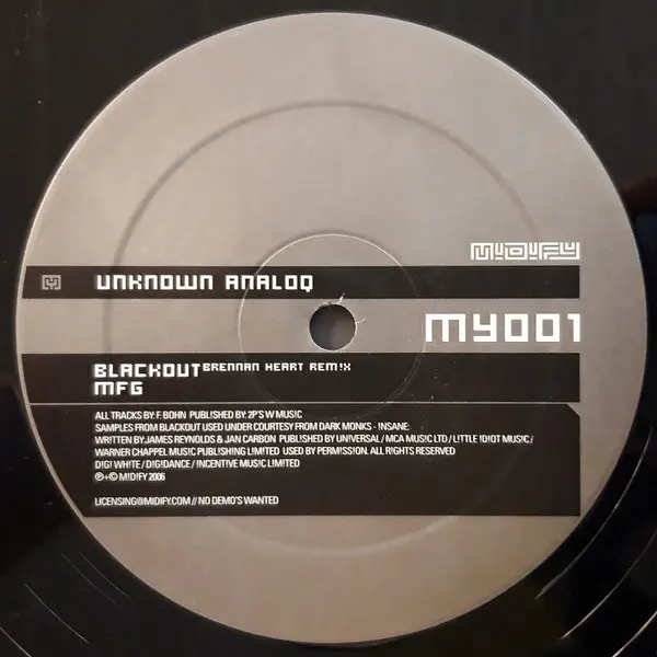 Unknown Analoq - Blackout, Electronic, Hardstyle, 2006 - Midify (2), Netherlands, Vinyl 1x 12", 45 RPM