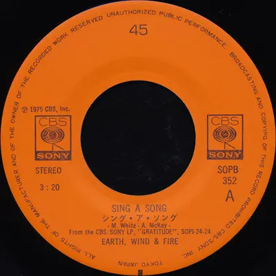 Earth, Wind & Fire - Sing A Song, Funk / Soul, Disco, Funk, 1975 - CBS/Sony, Japan, Vinyl 1x 7", Single