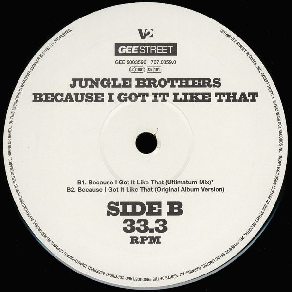 Jungle Brothers - Because I Got It Like That, Electronic, Hip Hop, Drum n Bass, Hip Hop, 1998 - Gee Street, V2, Europe, Vinyl