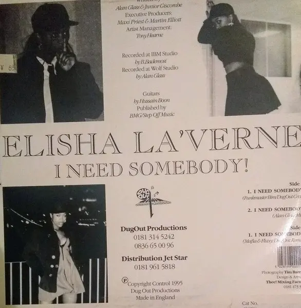 Elisha La'Verne - I Need Somebody, Funk / Soul, 1995 - Dug-Out Productions, UK, Vinyl 1x 12"