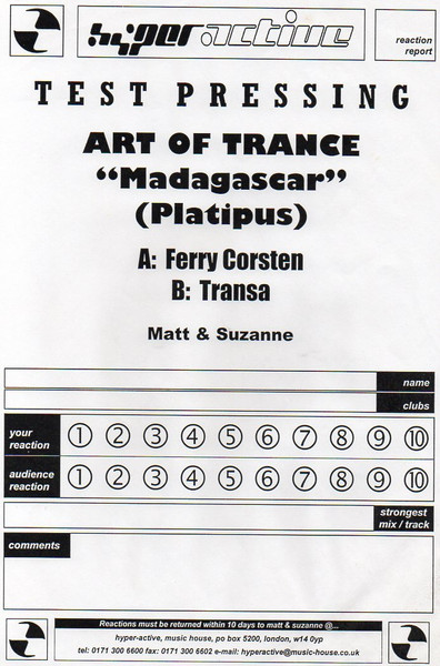 Art Of Trance - Madagascar (Remixes), Electronic, Trance, 1999 - Platipus, UK, Vinyl 1x 12", White Label