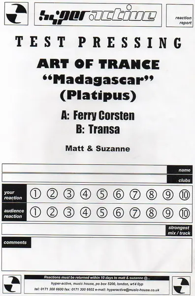 Art Of Trance - Madagascar (Remixes), Electronic, Trance, 1999 - Platipus, UK, Vinyl 1x 12", White Label