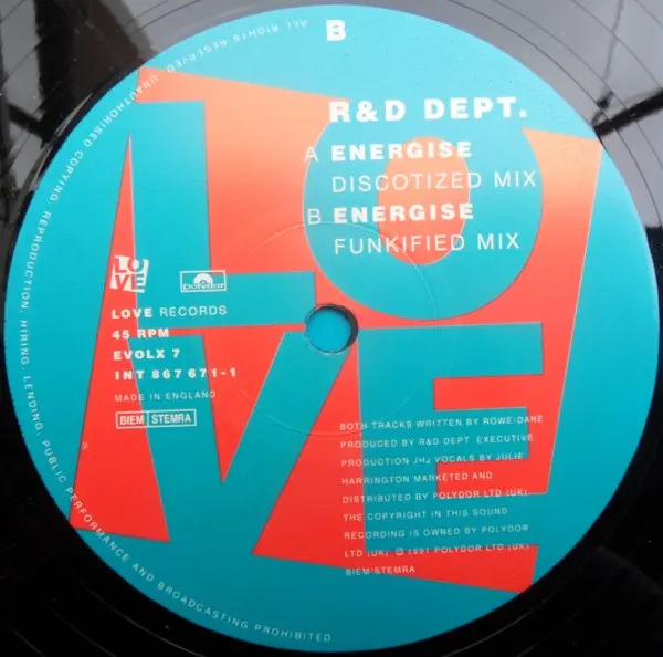 R & D Dept. - Energise, Electronic, House, 1991 - Love Records, UK, Vinyl 1x 12", 45 RPM