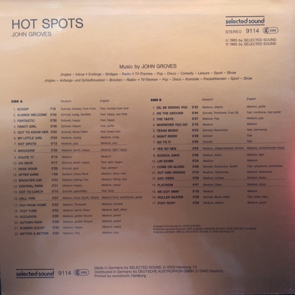 John Groves - Hot Spots, Funk / Soul, Jazz, Stage & Screen, Fusion, 1985 - Selected Sound, Germany, Vinyl 1x LP