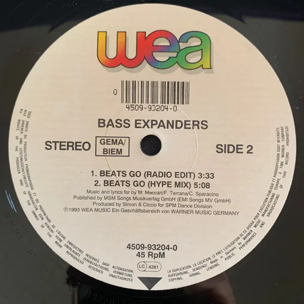 Bass Expanders - Beats Go, Electronic, Euro House, Eurodance, 1993 - WEA, Europe, Vinyl 1x 12"