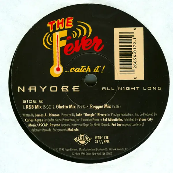 Nayobe - All Night Long, Hip Hop, Ragga HipHop, RnB/Swing, 1995 - Fever Records, Warlock Records, US, Vinyl 1x 12", 33 ⅓ RPM
