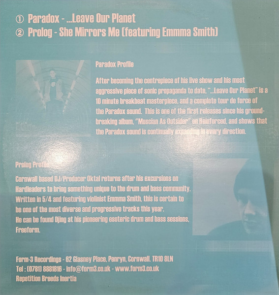 Paradox & Prolog - ...Leave Our Planet / She Mirrors Me, Electronic, Drum n Bass, 2001 - Form-3 Recordings, UK, Vinyl 1x 12",