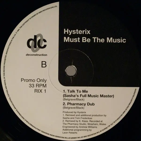 Hysterix - Must Be The Music, Electronic, House, 1994 - Deconstruction, UK, Vinyl 1x 12", Promo
