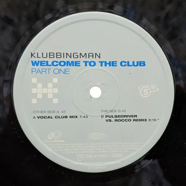 Klubbingman - Welcome To The Club, Electronic, Trance, 2001 - Dance Division, Epic, Germany, Vinyl 1x 12", 45 RPM Part One