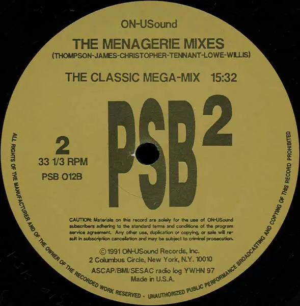 Pet Shop Boys - The Menagerie Mixes, Electronic, House, Synth-pop, 1991 - ON-USound, US, Vinyl 1x 12", Unofficial Release, 33