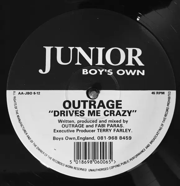 Outrage - That Piano Track / Drives Me Crazy, Electronic, House, 1992 - Junior Boy's Own, UK, Vinyl 1x 12", 45 RPM