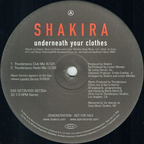 Shakira - Underneath Your Clothes (Thunderpuss Remixes) - 2002 - House - Epic - Vinyl 1x 12", 33 ⅓ RPM, Promo