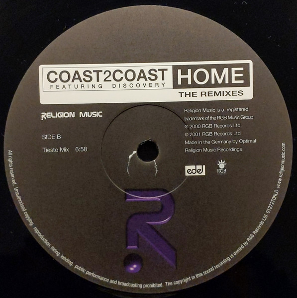 Coast 2 Coast - Home (The Remixes), Electronic, Trance, 2001 - Religion Music, UK, Vinyl 1x 12", 33 ⅓ RPM