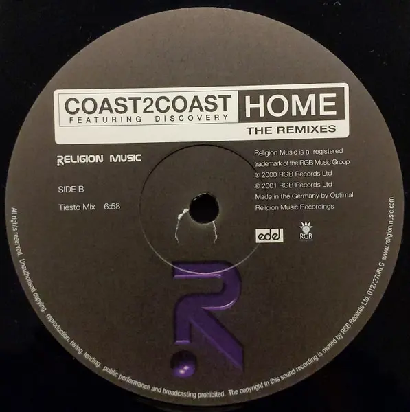 Coast 2 Coast - Home (The Remixes), Electronic, Trance, 2001 - Religion Music, UK, Vinyl 1x 12", 33 ⅓ RPM