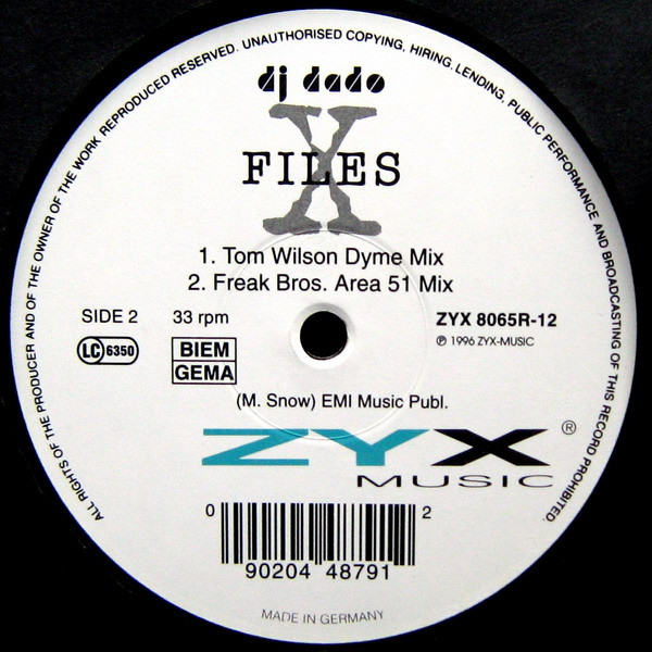 DJ Dado - X-Files, Electronic, Euro House, Trance, 1996 - ZYX Music, Germany, Vinyl 1x 12", 33 ⅓ RPM