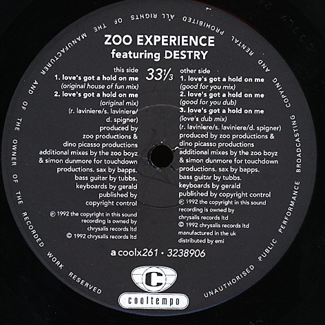 Zoo Experience Featuring Destry - Love's Got A Hold On Me, Electronic, Garage House, House, 1992 - Cooltempo, UK, Vinyl 1x 12