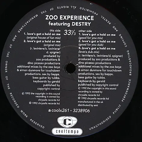 Zoo Experience Featuring Destry - Love's Got A Hold On Me, Electronic, Garage House, House, 1992 - Cooltempo, UK, Vinyl 1x 12