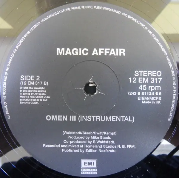 Magic Affair - Omen III, Electronic, Euro House, 1994 - Electrola, EMI United Kingdom, UK, Vinyl 1x 12", 45 RPM, Single, Ster