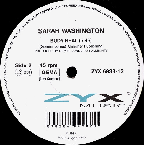Sarah Washington - I Will Always Love You, Electronic, Disco, Euro House, 1993 - ZYX Music, Europe, Vinyl 1x 45 RPM, Single, 