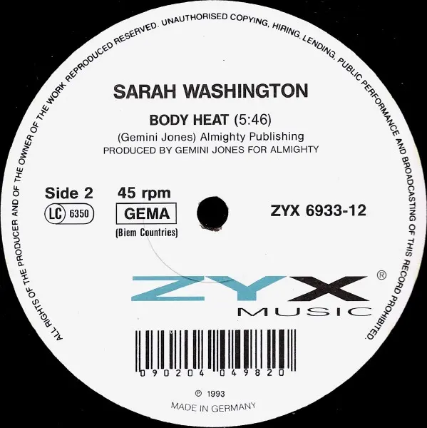 Sarah Washington - I Will Always Love You, Electronic, Disco, Euro House, 1993 - ZYX Music, Europe, Vinyl 1x 45 RPM, Single, 