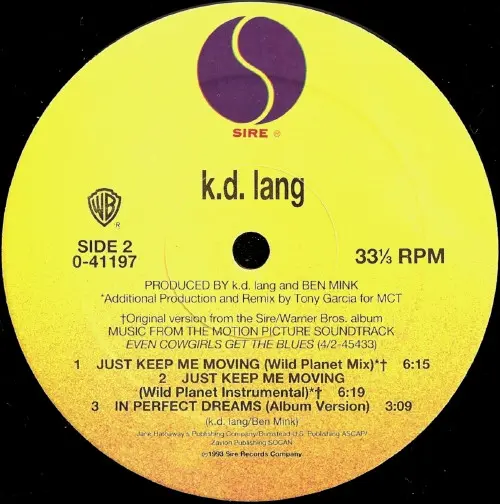 k.d. lang - Just Keep Me Moving, Electronic, Pop, Acid House, Progressive House, 1993 - Sire, US, Vinyl 1x 12", 33 ⅓ RPM, Sin