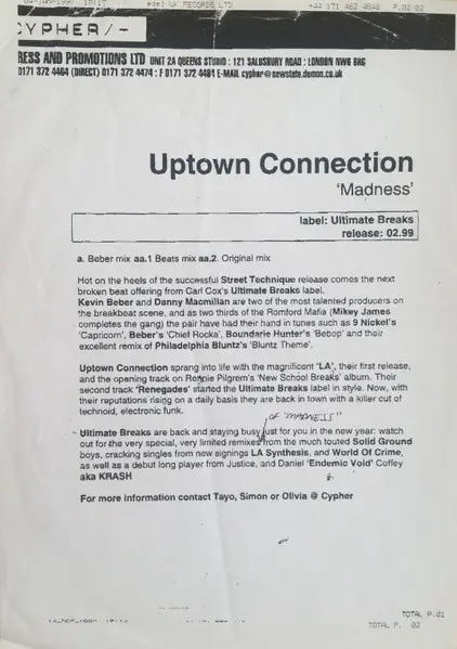 Uptown Connection - Madness, Electronic, Breakbeat, 1999 - Ultimatum Breaks, UK, Vinyl 1x 12", White Label