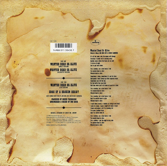 Bon Jovi - Wanted Dead Or Alive - 1987 - Arena Rock, Hard Rock, Pop Rock - Mercury - Vinyl 1x 12", 45 RPM