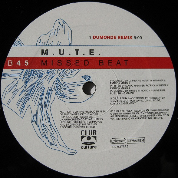 M.U.T.E. - Missed Beat, Electronic, Hard Trance, Trance, 2001 - Club Culture, Germany, Vinyl 1x 12", 33 ⅓ RPM, 45 RPM