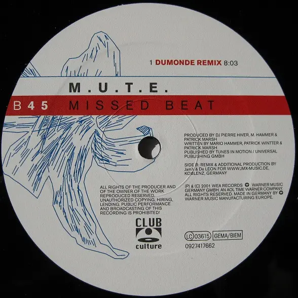 M.U.T.E. - Missed Beat, Electronic, Hard Trance, Trance, 2001 - Club Culture, Germany, Vinyl 1x 12", 33 ⅓ RPM, 45 RPM