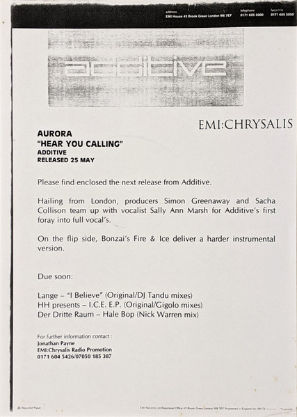Aurora - Hear You Calling, Electronic, Trance, 1999 - Additive, UK, Vinyl 1x 12", 45 RPM, Single