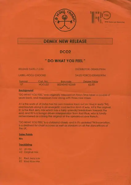 DCO2 - Do What You Feel, Electronic, Euro House, House, 1994 - Hooj Choons, UK, Vinyl 1x 12", 33 ⅓ RPM