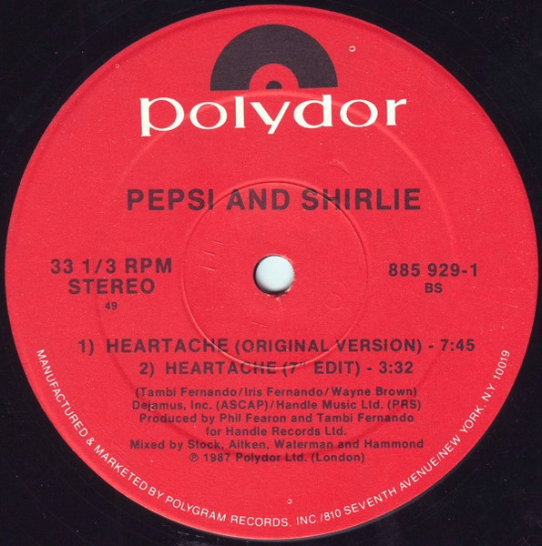 Pepsi & Shirlie - Heartache, Electronic, Synth-pop, 1987 - Polydor, US, Vinyl 1x 12", Single, 33 ⅓ RPM 49 - SRC Pressing