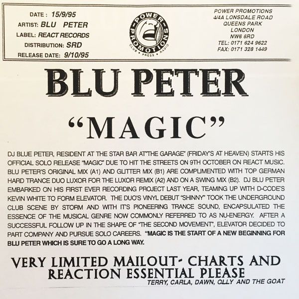 Blu Peter - Magic, Electronic, Trance, 1995 - React, UK, Vinyl 1x 12", 33 ⅓ RPM
