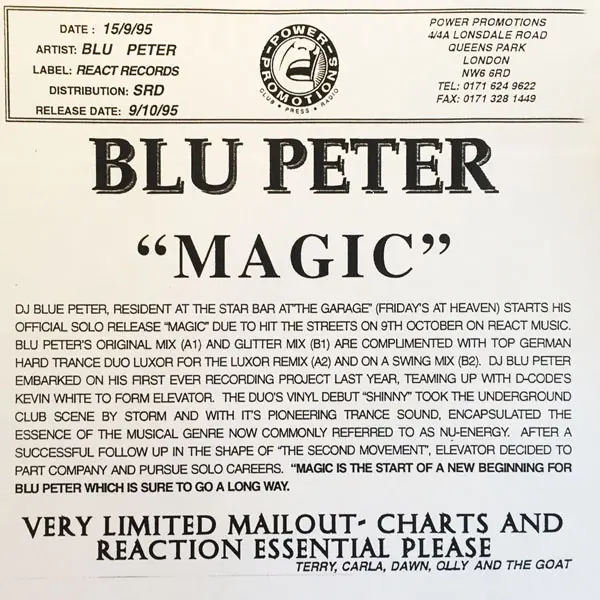 Blu Peter - Magic, Electronic, Trance, 1995 - React, UK, Vinyl 1x 12", 33 ⅓ RPM