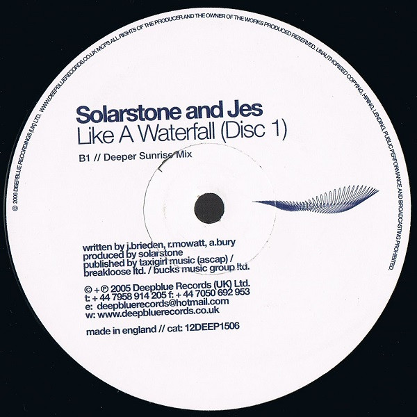 Solarstone And Jes (12) - Like A Waterfall (Disc 1), Electronic, Progressive Trance, 2006 - Deepblue Records, UK, Vinyl 1x 12