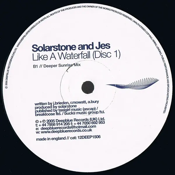 Solarstone And Jes (12) - Like A Waterfall (Disc 1), Electronic, Progressive Trance, 2006 - Deepblue Records, UK, Vinyl 1x 12