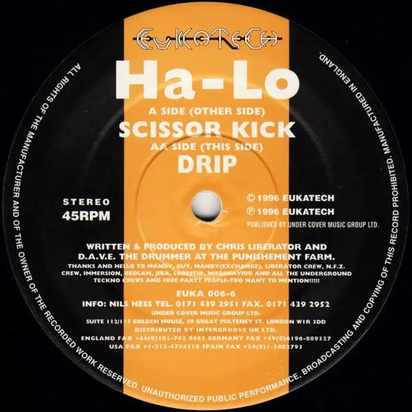 Ha-Lo - Scissor Kick, Electronic, Acid, House, Techno, 1996 - Eukatech, UK, Vinyl 1x 12", 45 RPM